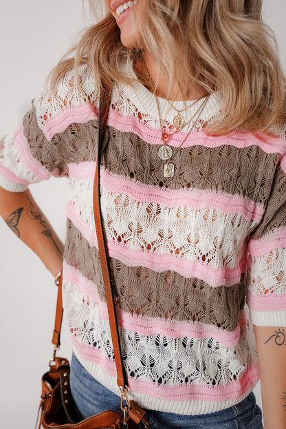 Stripe Crochet Short Sleeve Sweater