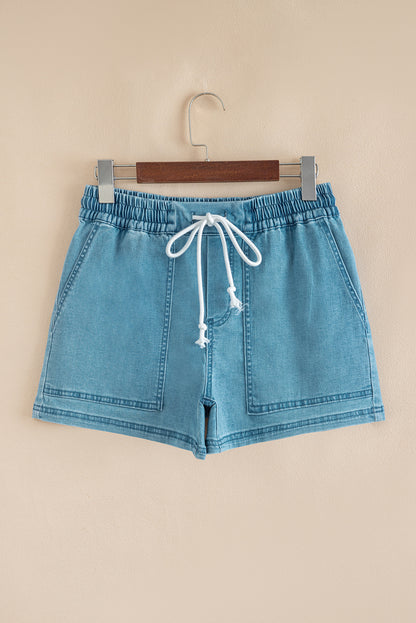 Denim Contrast Drawstring Elastic Waist Shorts