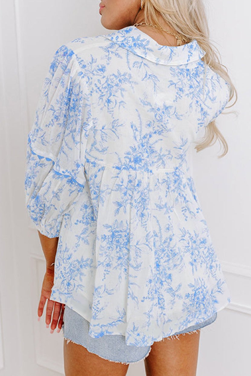 Floral 3/4 Sleeve Collared Blouse