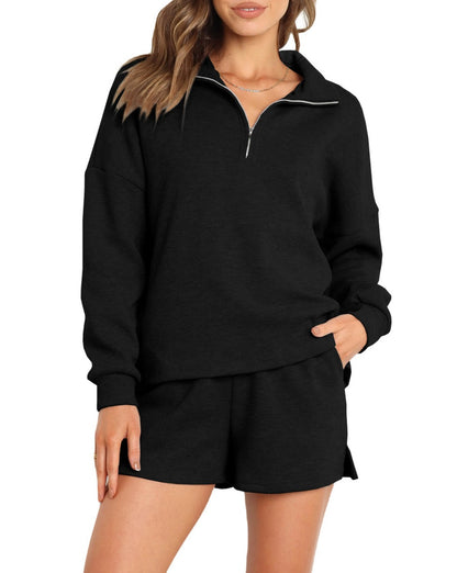 Waffle Zipped Sweatshirt and Shorts Set