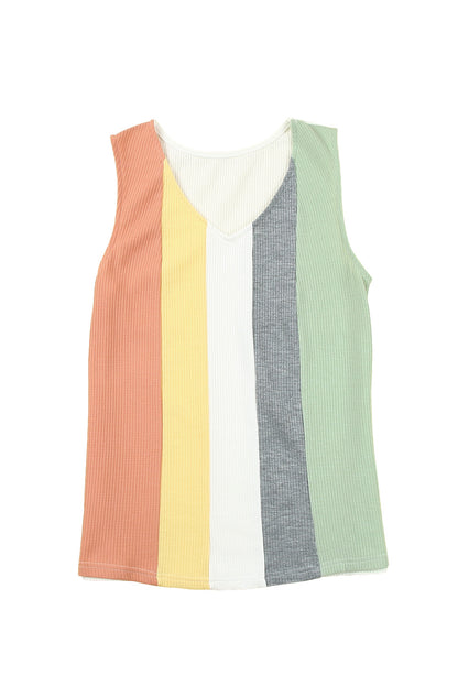 Colorblock Stripe Waffle V-Neck Top