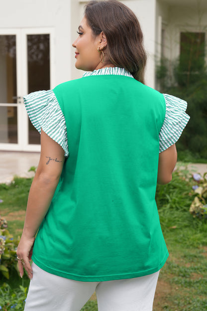 Plus Size Stripe Trim Ruffle Sleeve V-Neck Blouse