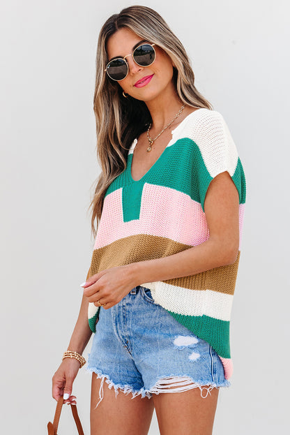 Stripe Colorblock V-Neck Sweater T-Shirt