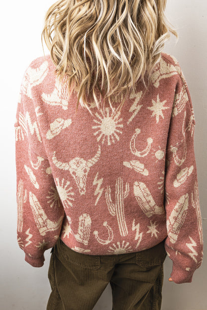Western Drop Shoulder Long Sleeve Sweater