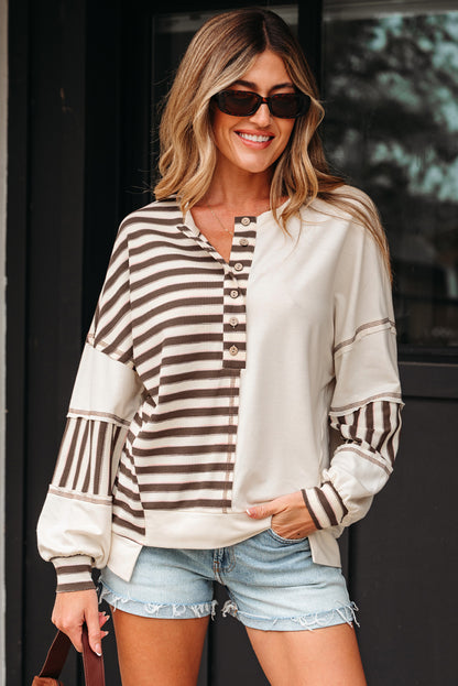 Stripe Patchwork Long Sleeve Henley Top