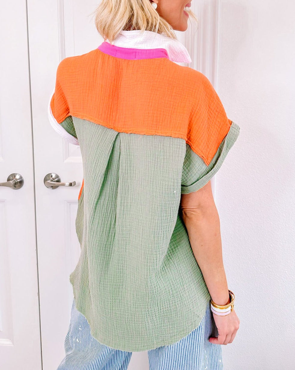 Crinkle Colorblock Raw Edge Shirt