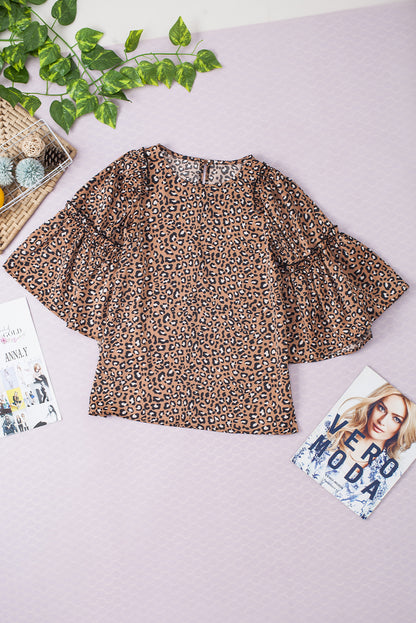 Leopard Ruffle Wide Sleeve Blouse