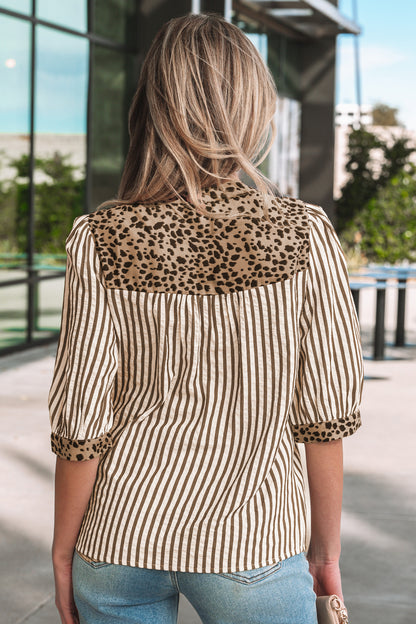 Stripe Leopard Trim V-Neck Buttoned Short Sleeve Shirt