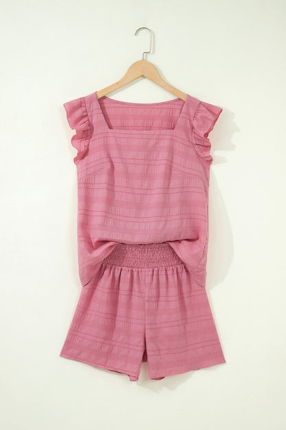 Solid Textured Square Neck Top & Shorts Set