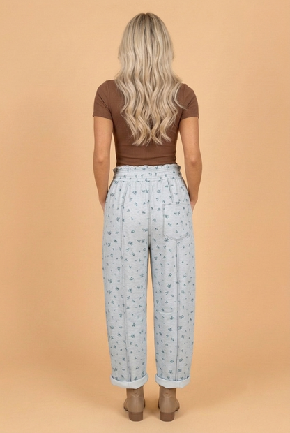 Floral Drawstring High Waist Seamed Barrel Pants