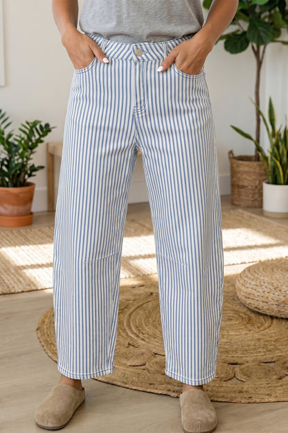 Stripe Denim High Waist Barrel Leg Jeans