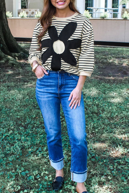 Stripe Floral Patched 3/4 Sleeve Top