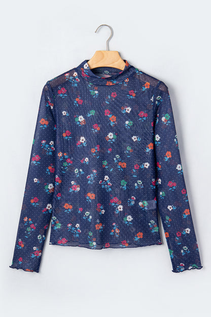 Polka Dot Floral Mesh Lettuce Trim Long Sleeve Top