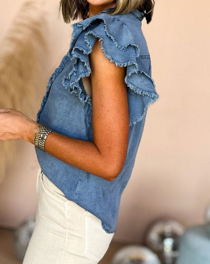 Denim Ruffle Frayed Buttoned Top