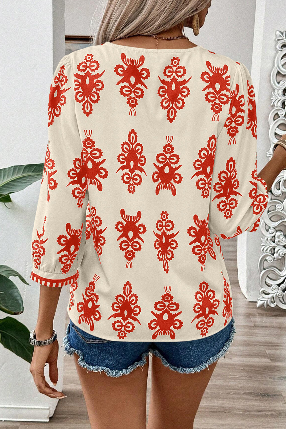 Geometric 3/4 Sleeve V-Neck Blouse