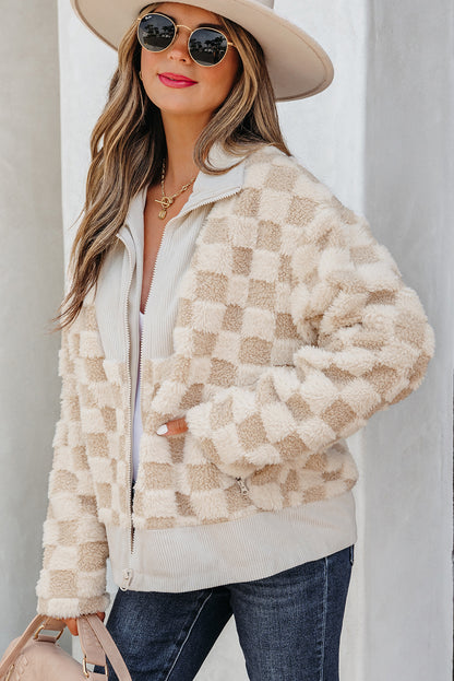 Checker Sherpa Corduroy Patchwork Zip-Up Jacket