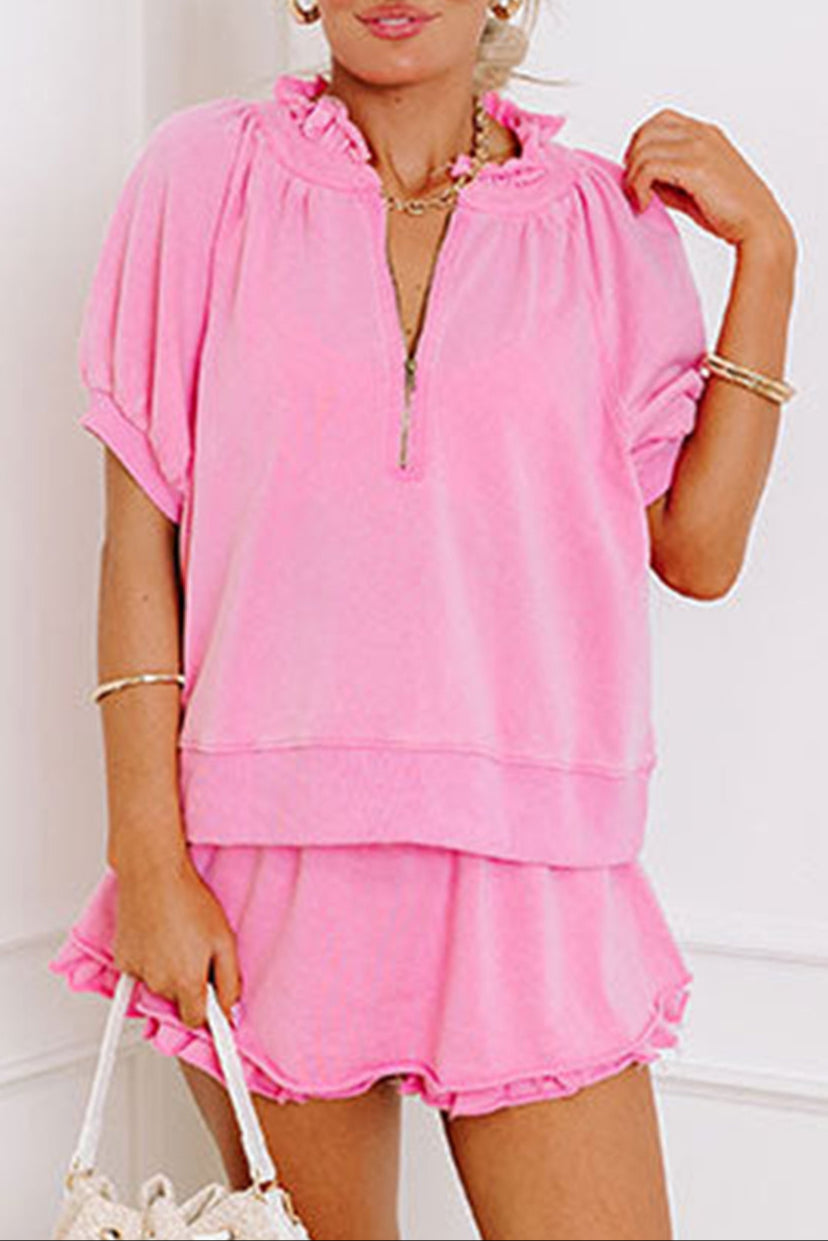 Solid Puff Sleeve Top and Shorts Set