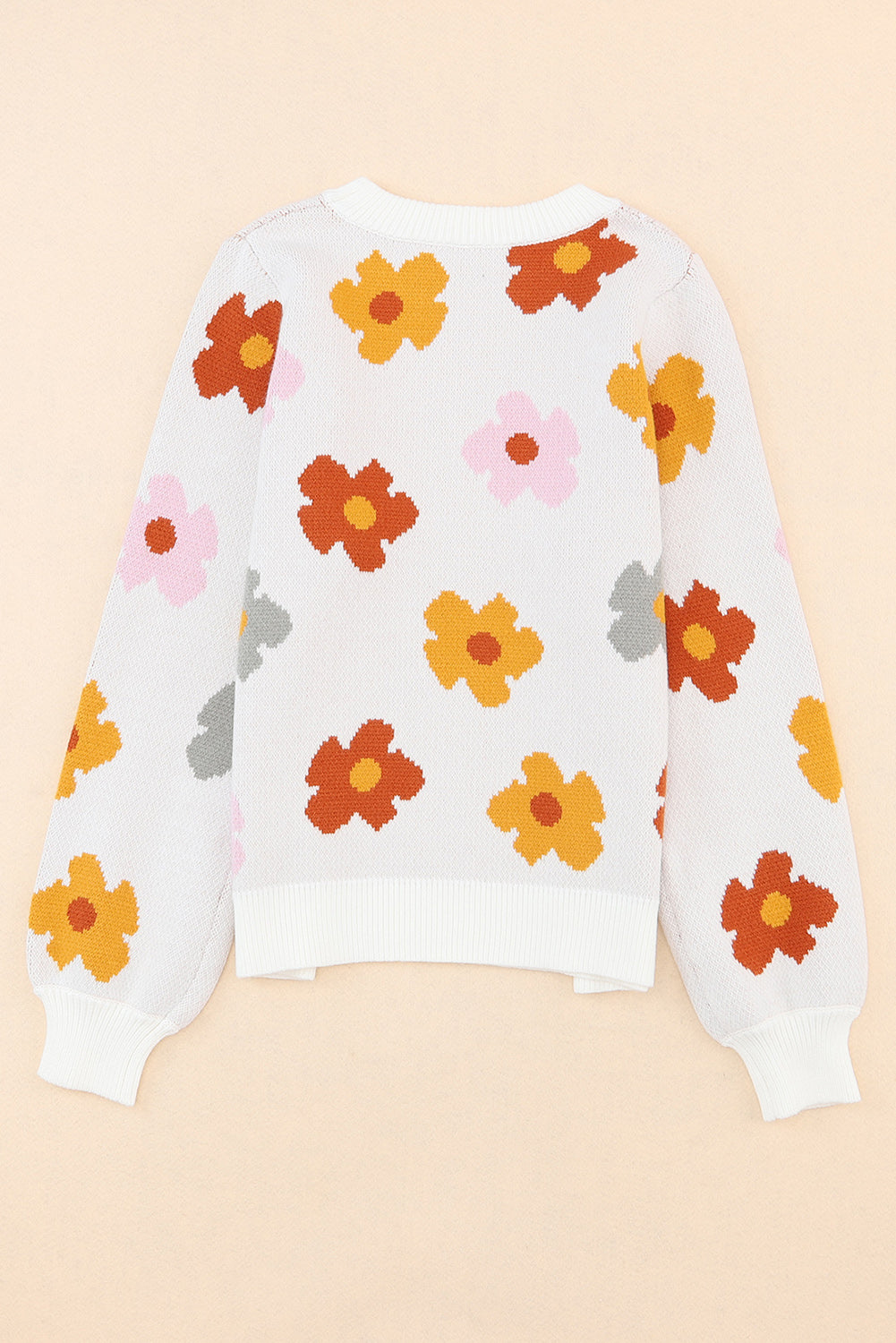 Floral Rib Trim Crewneck Sweater