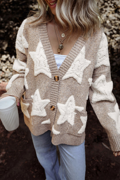 Star Sherpa Textured Buttoned Sweater Cardigan