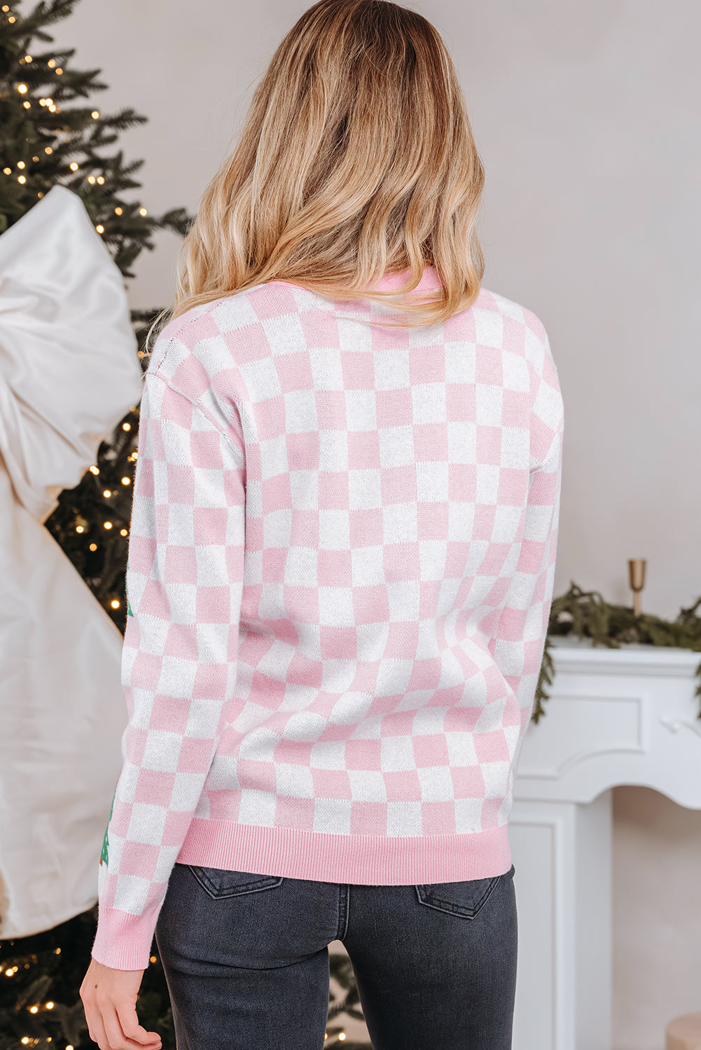 Checker Christmas Tree Buttoned V-Neck Cardigan Sweater