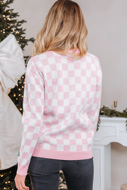 Checker Christmas Tree Buttoned V-Neck Cardigan Sweater