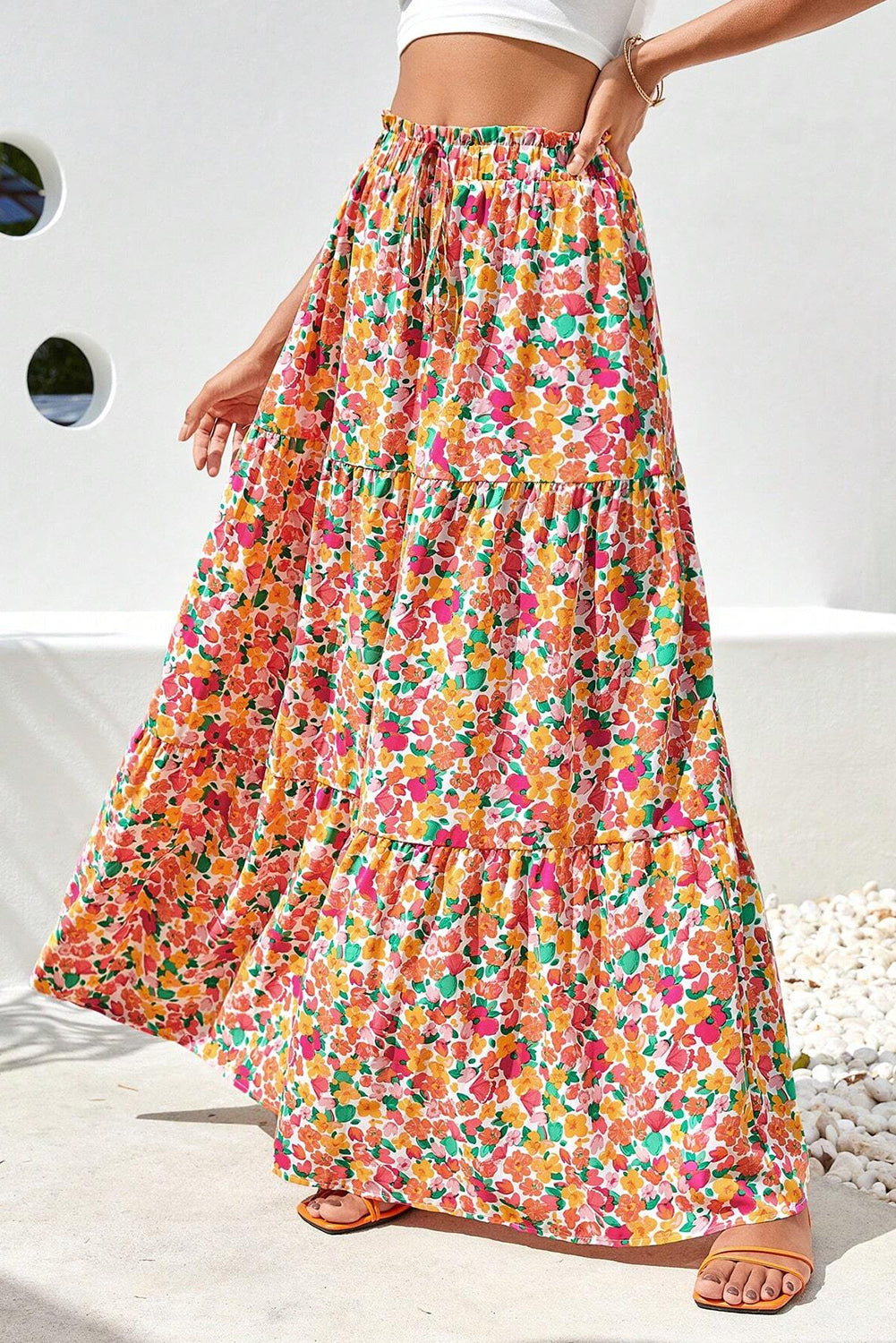 Floral Ruffle Tiered Maxi Skirt