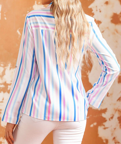 Multicolor Striped Button Tab Sleeve Shirt