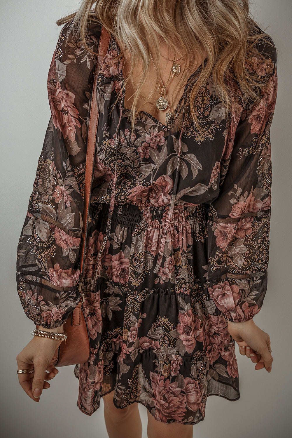 Vintage Floral Puff Sleeve Waist Dress