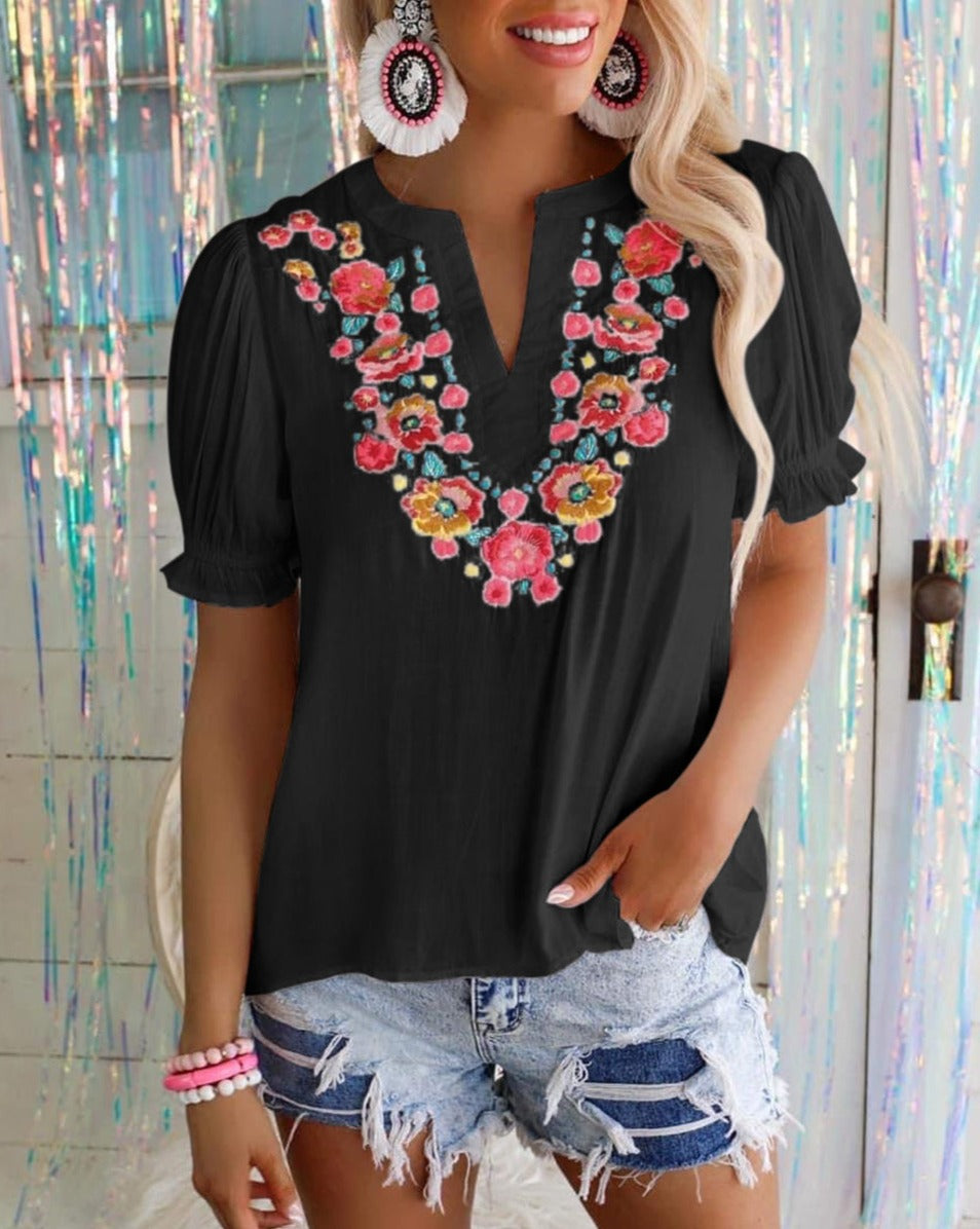 Floral Embroidered Ruffle Blouse