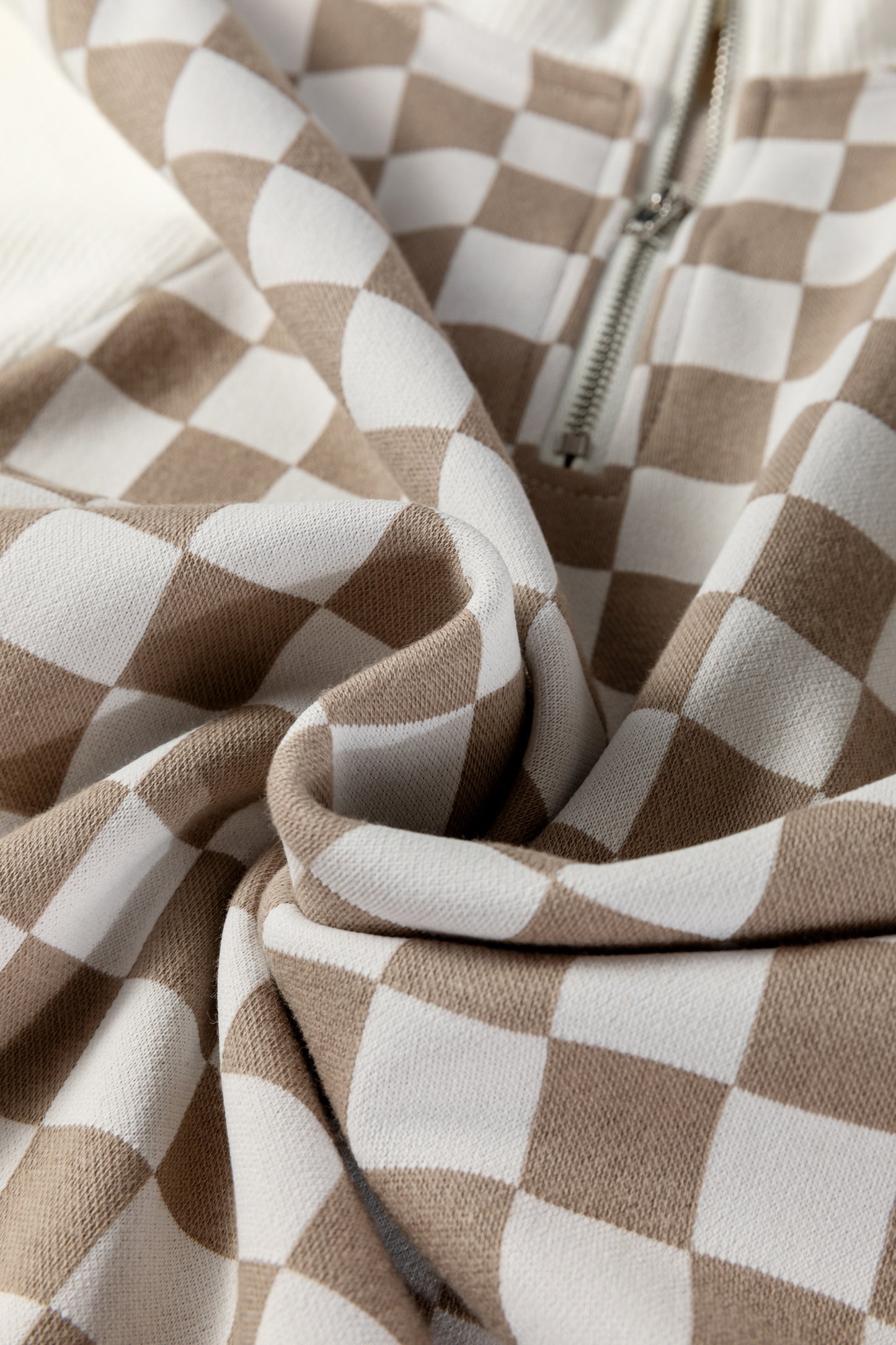 Checker Ribbed Patchwork Quarter Zip Sweatshirt