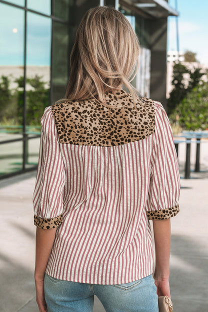 Stripe Leopard Trim V-Neck Buttoned Short Sleeve Shirt