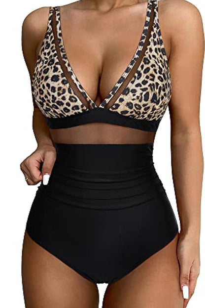 Leopard Mesh Insert V-Neck Monokini