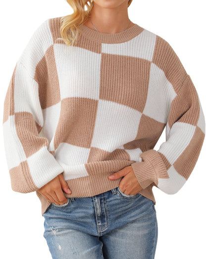 Checker Ribbed Puff Sleeve Sweater