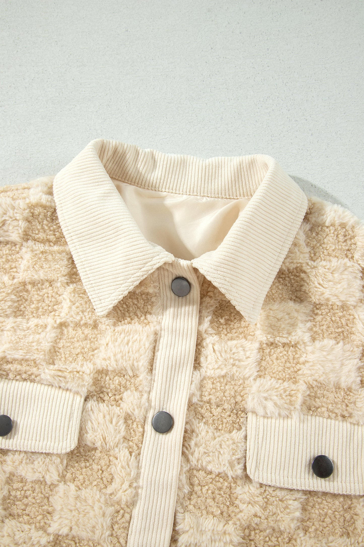 Checker Plush Fleece Corduroy Trim Buttoned Shacket