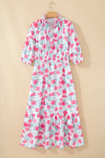 Floral Tie V-Neck Puff Sleeve Midi Dress