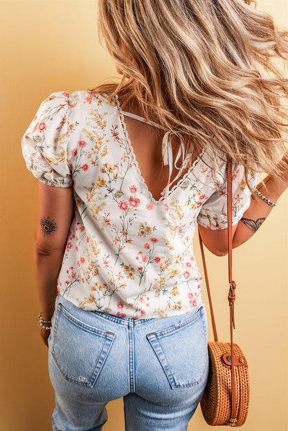 Floral Lace Trim Puff Sleeve Blouse