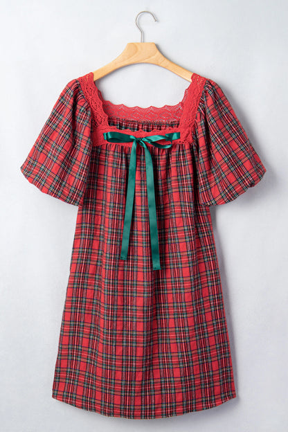 Plaid Lace Trim Square Neck Mini Babydoll Dress