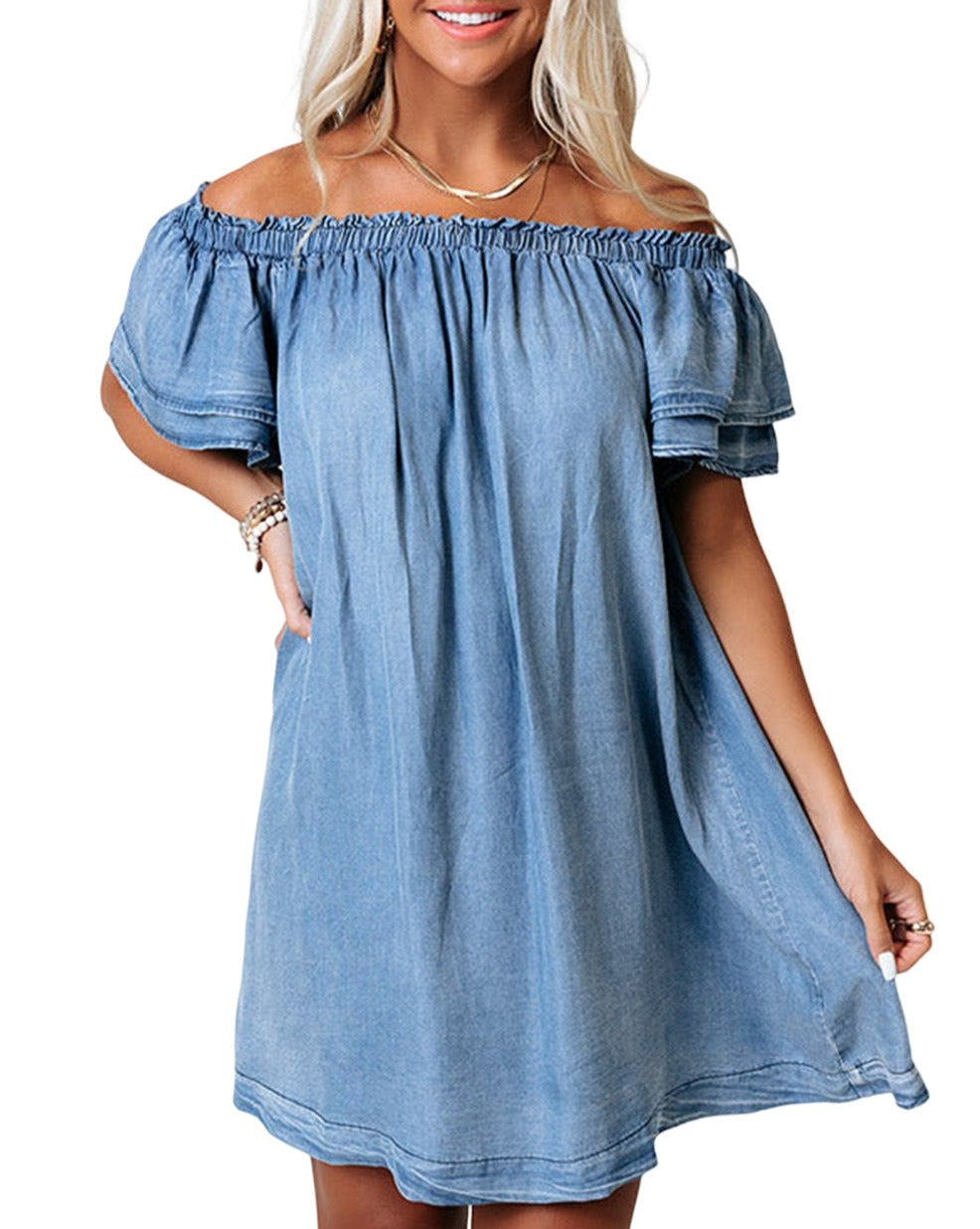 Denim Chambray Ruffle Off Shoulder Dress