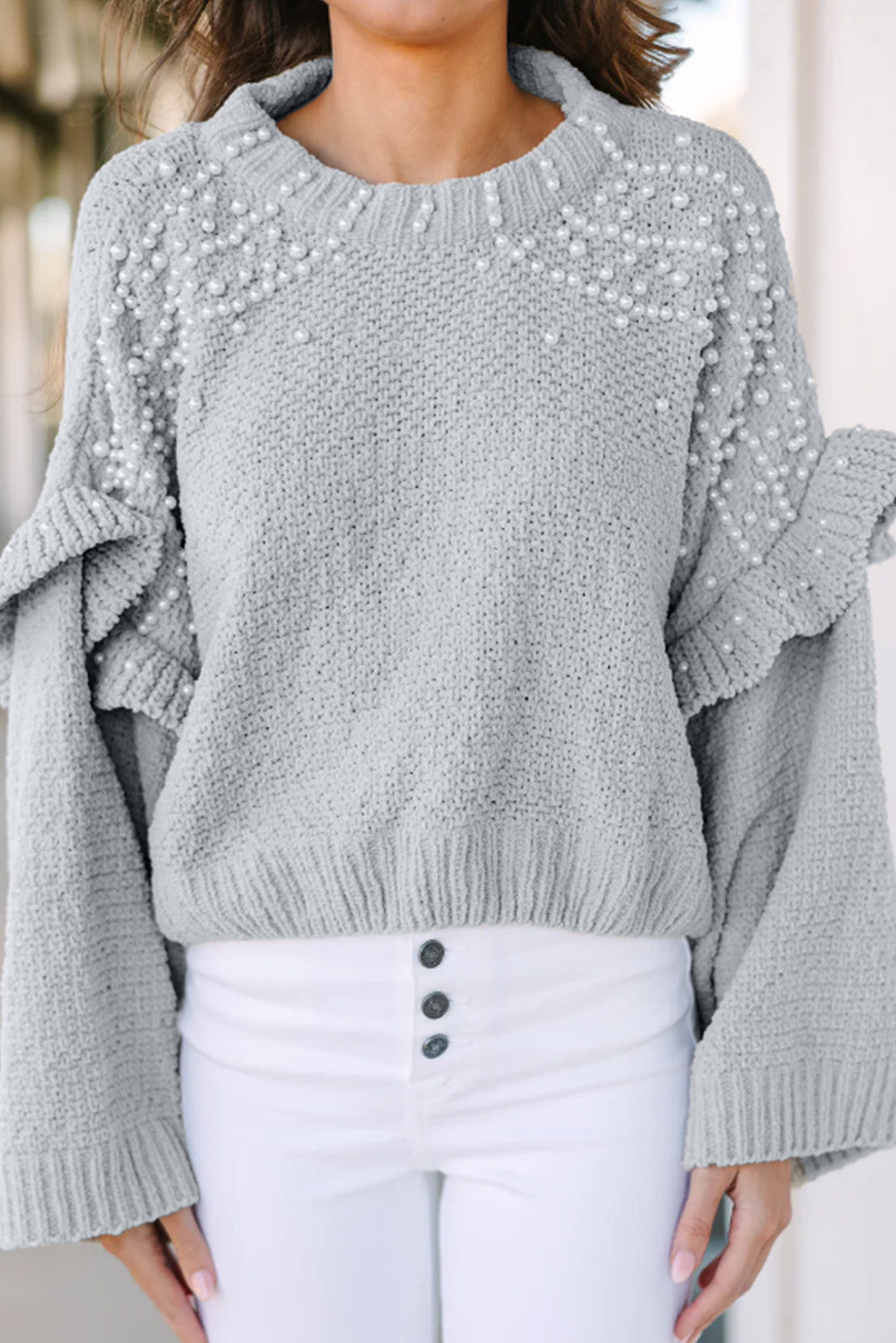 Ruffle Wide Sleeve Pearl Sweater