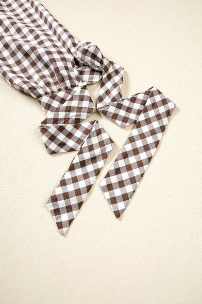 Gingham Bow Tie 3/4 Sleeve Button Down Shirt