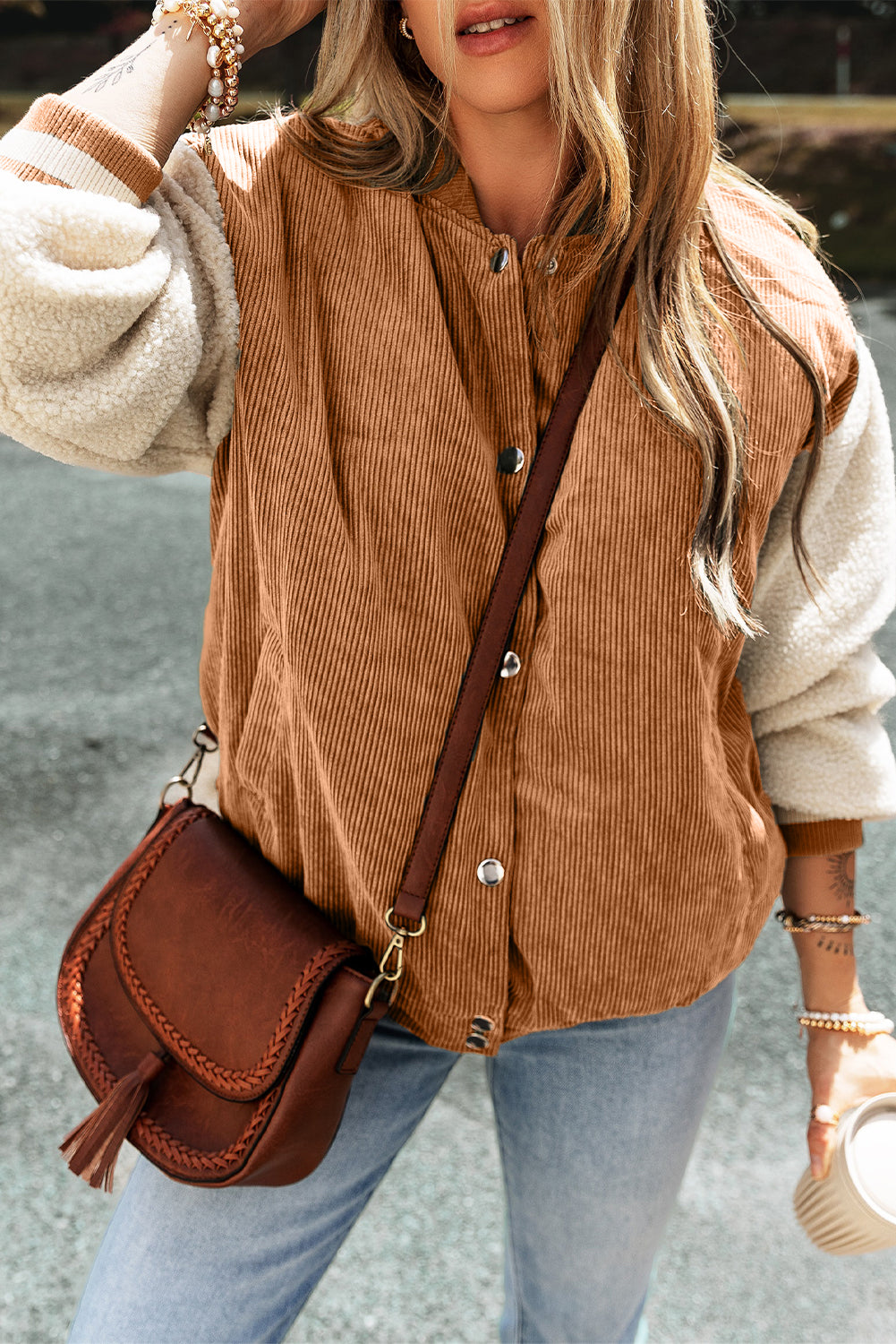 Corduroy Fleece Patchwork Bomber Jacket