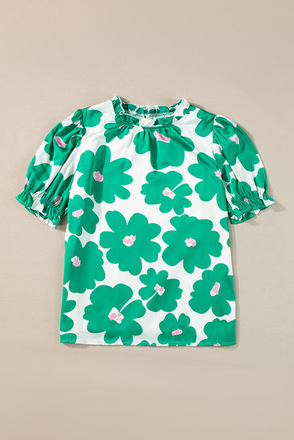 Floral Puff Sleeve Frilled Neck Blouse