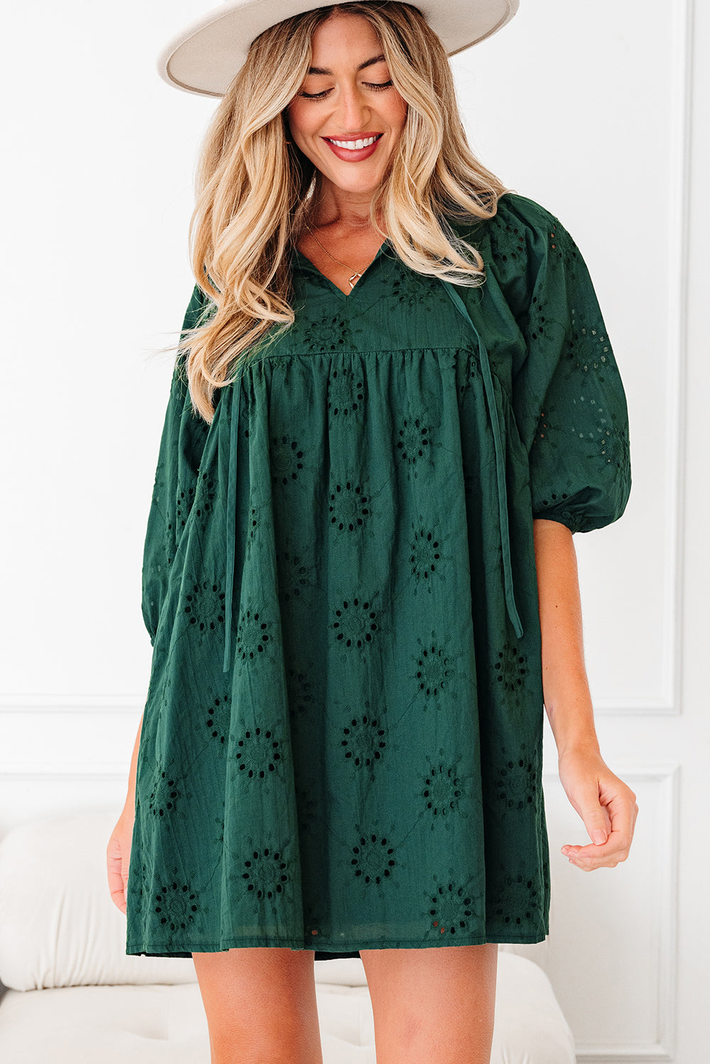 Solid Embroidered Eyelet 3/4 Sleeve Mini Dress