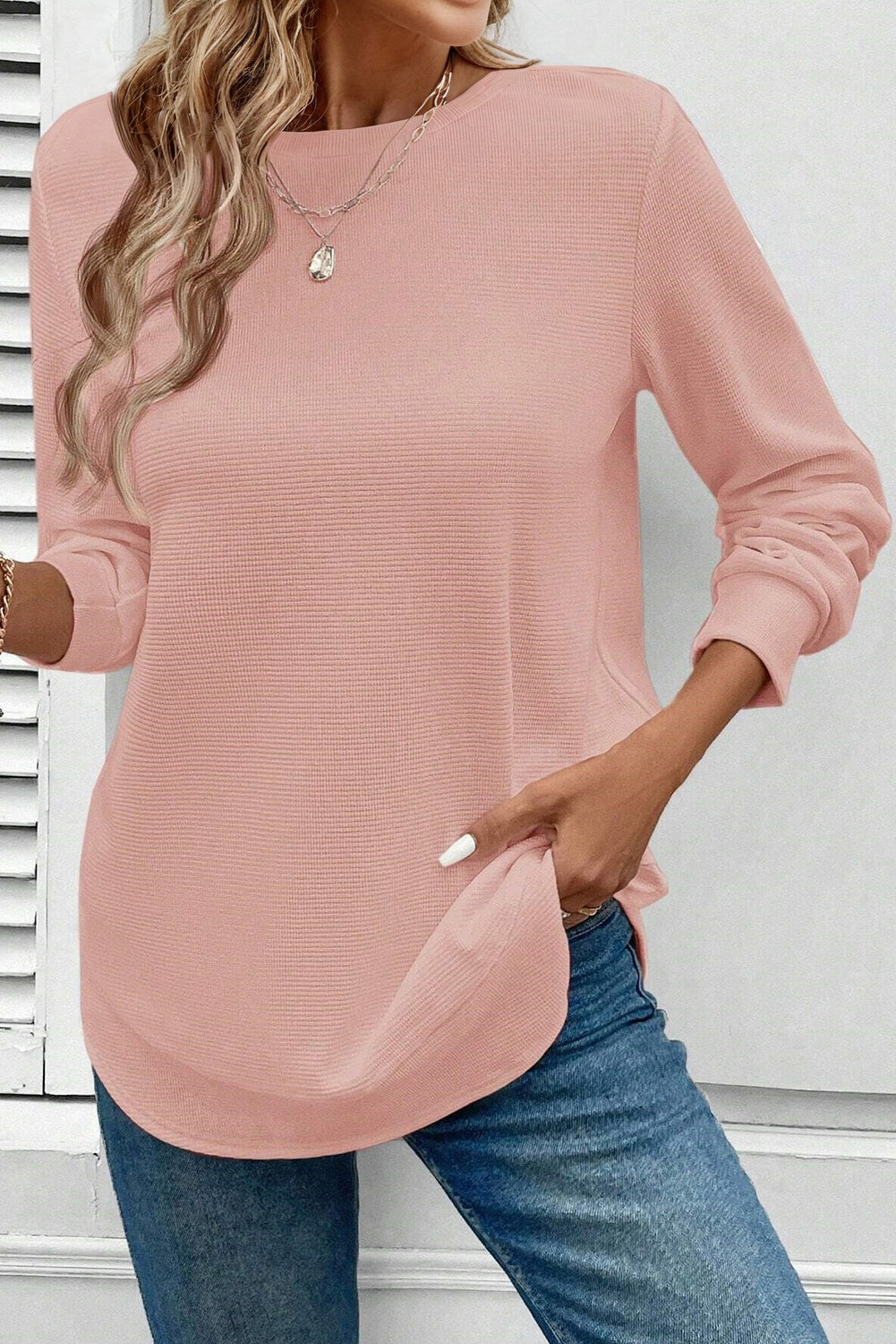 Solid Waffle Knit Long Sleeve Top