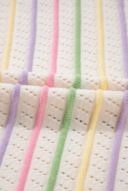 Stripe Eyelet Knit Ruffle Sleeve Sweater