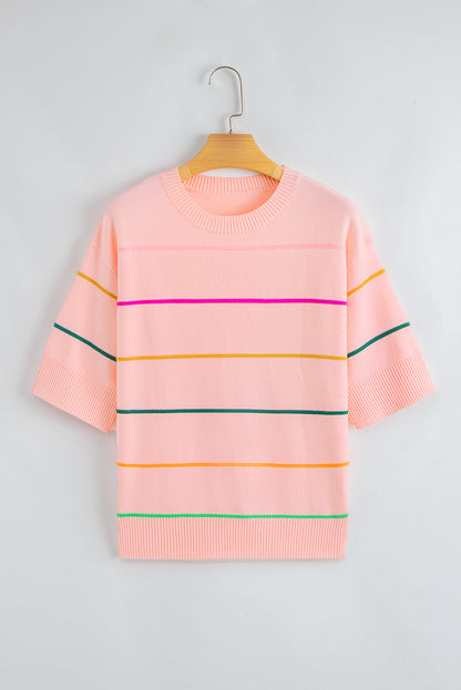 Colorblock Stripe 3/4 Sleeve Drop Shoulder Sweater
