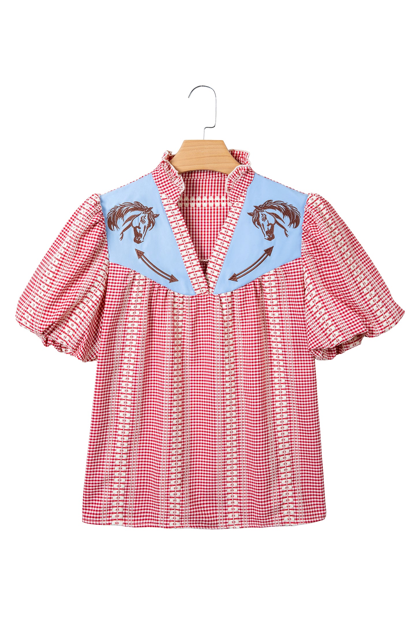 Western Pony Embroidered Gingham Puff Sleeve Blouse