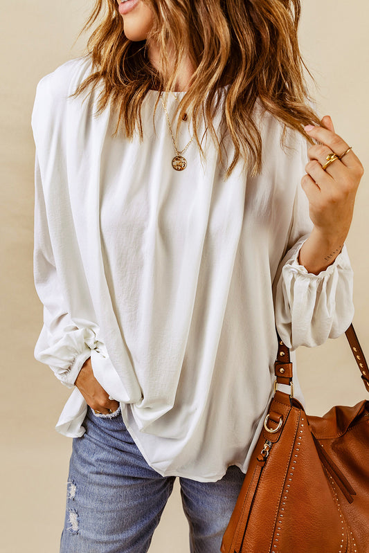 Ruched Crewneck Puff Sleeve Blouse