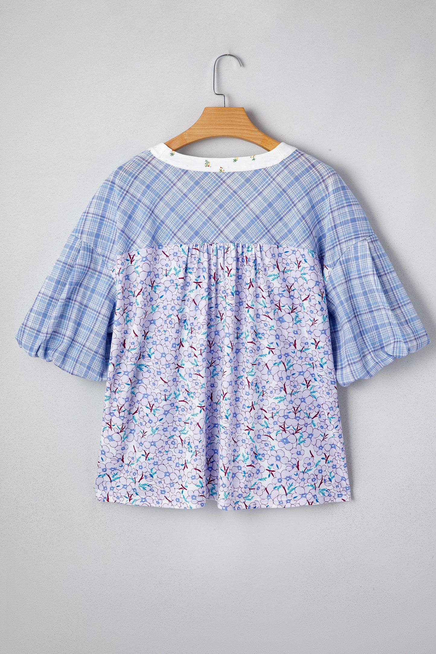 Colorblock Plaid Patchwork Bubble Sleeve Blouse