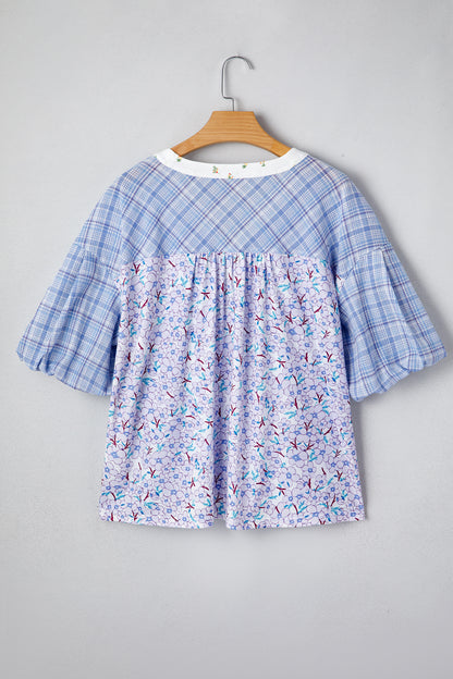 Colorblock Plaid Patchwork Bubble Sleeve Blouse